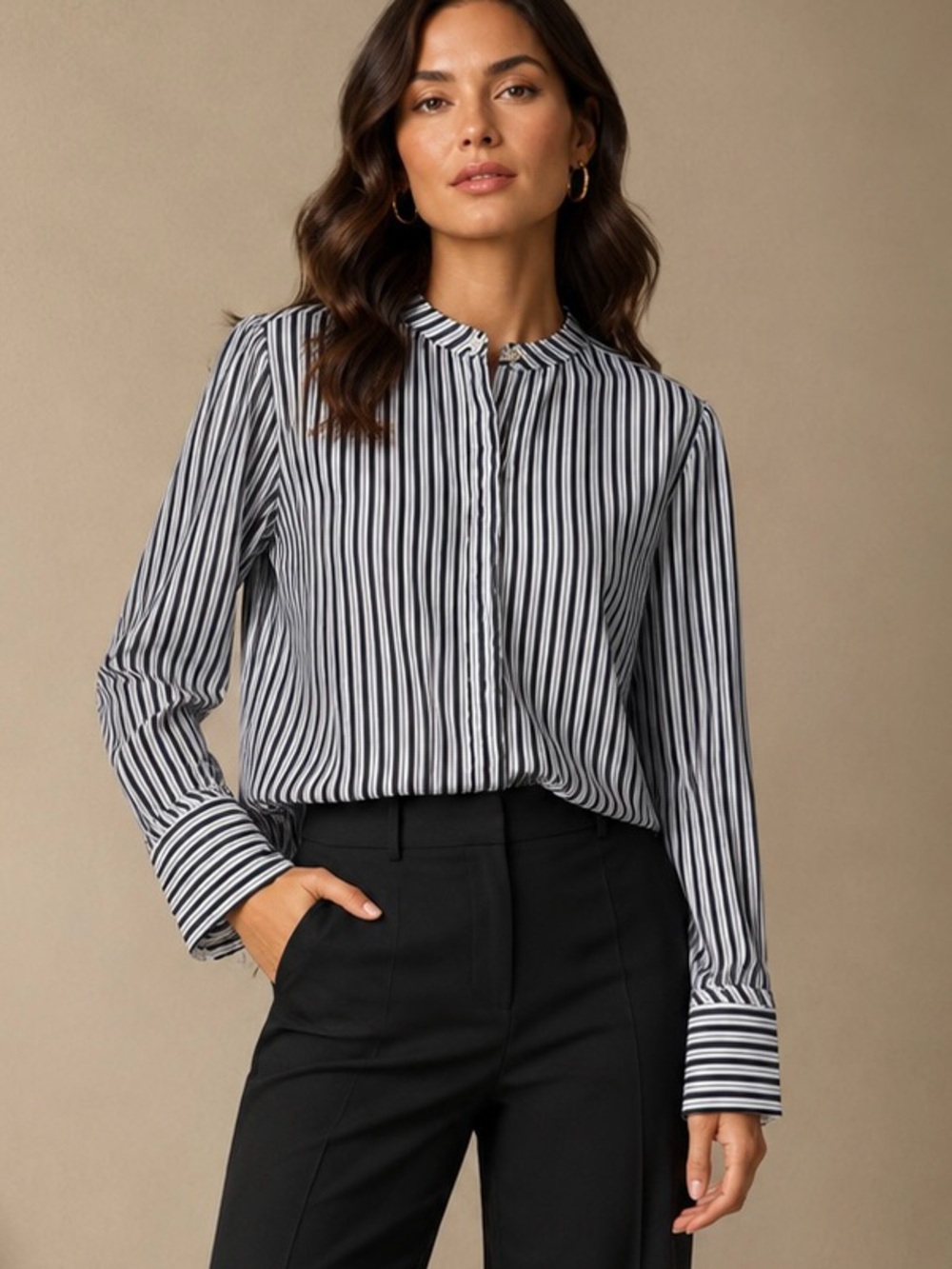 LOFT Black and White Striped Button-Down Blouse
